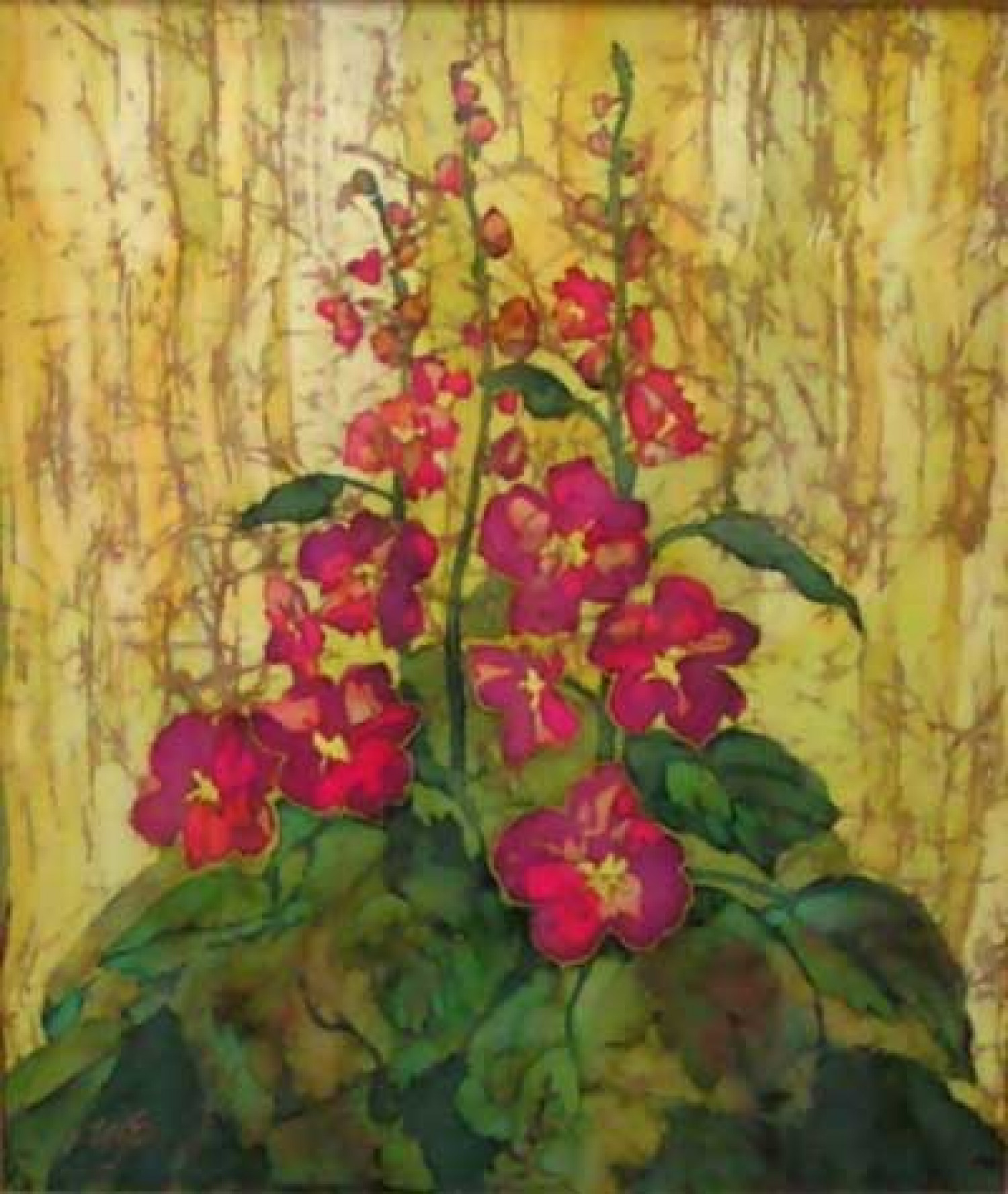 И.Н.Флоринская. Мальвы. 2004 г. 60х70. нат. шёлк, батик.