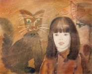 М.В.Реутова. Девочка и кот. 1981. Б. акв., 53Х64.