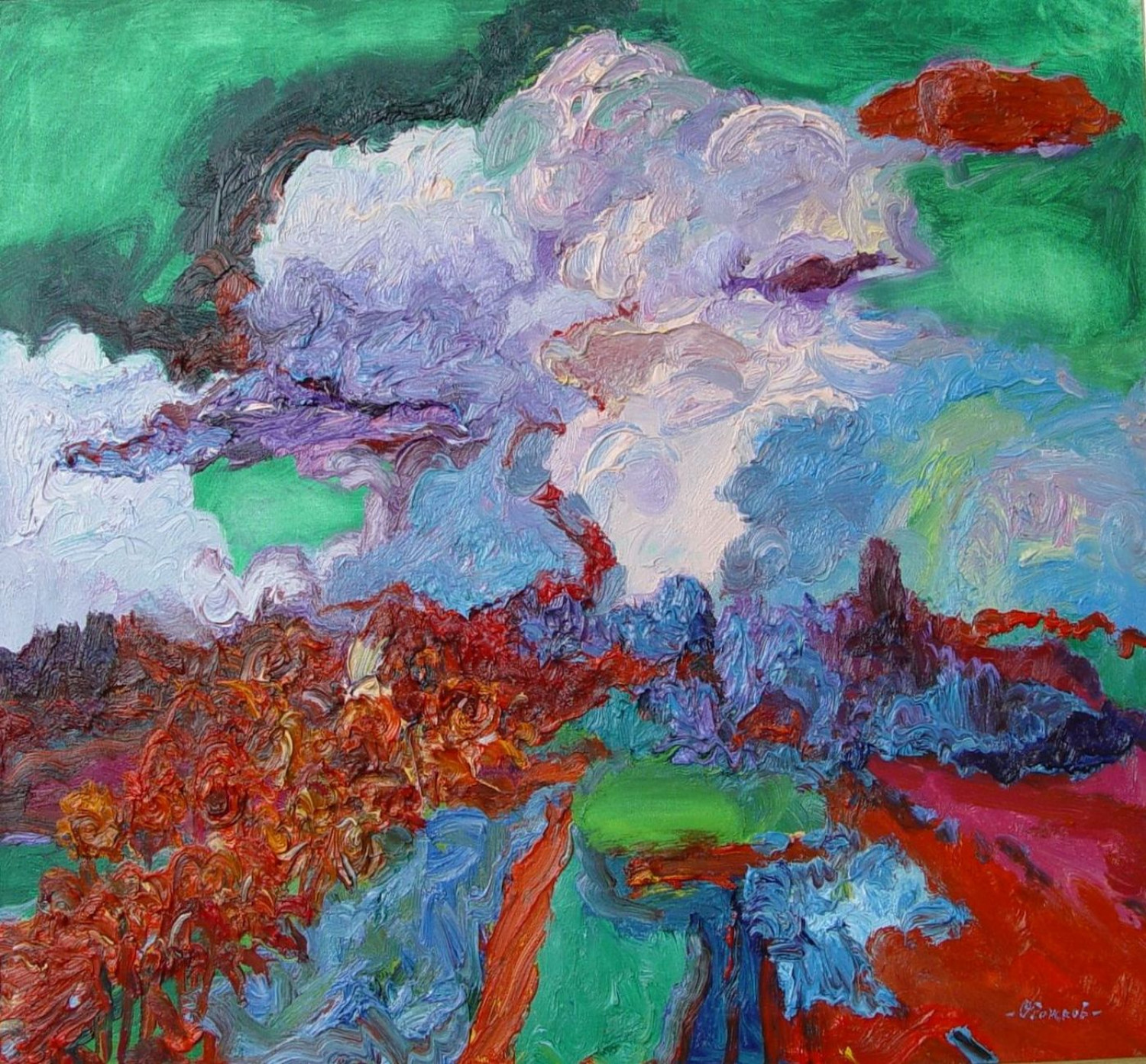 О.Г.Рожков. Летний день в деревне. Облако. 2007 г. 70Х85.