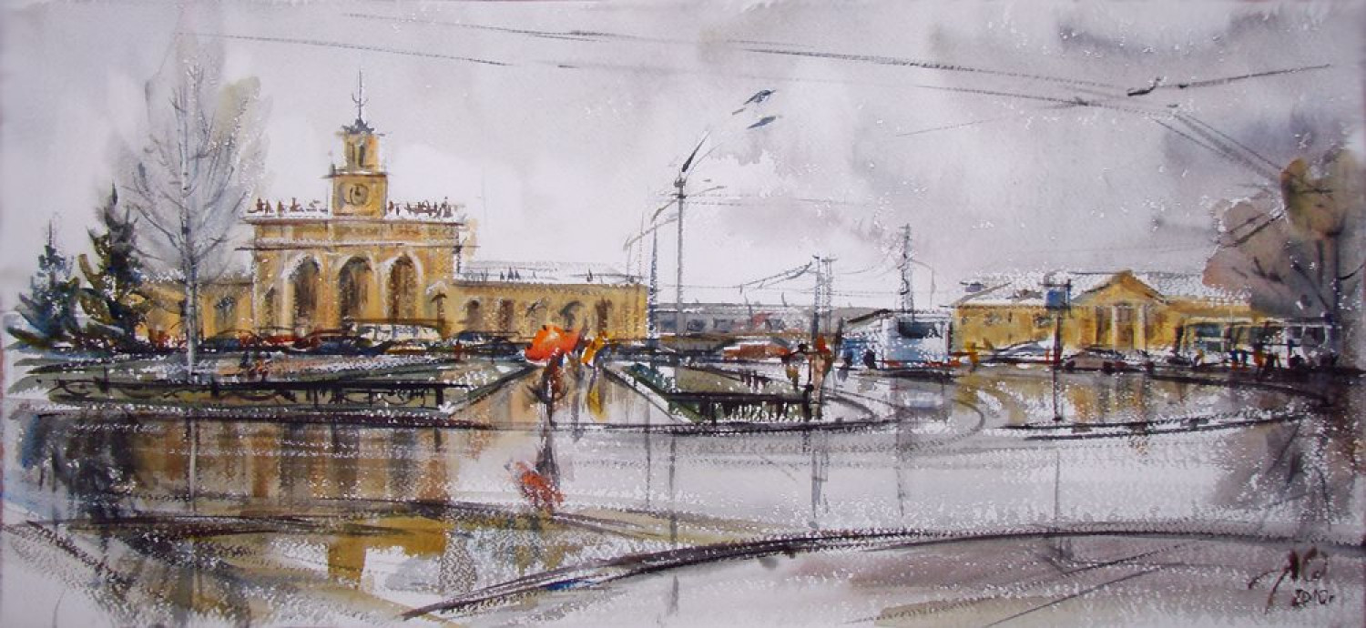 А.В. Овчинников. Дождь. Ярославль-Главный. 2010. Бумага, акварель. 40х70 см.