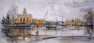 А.В. Овчинников. Дождь. Ярославль-Главный. 2010. Бумага, акварель. 40х70 см.