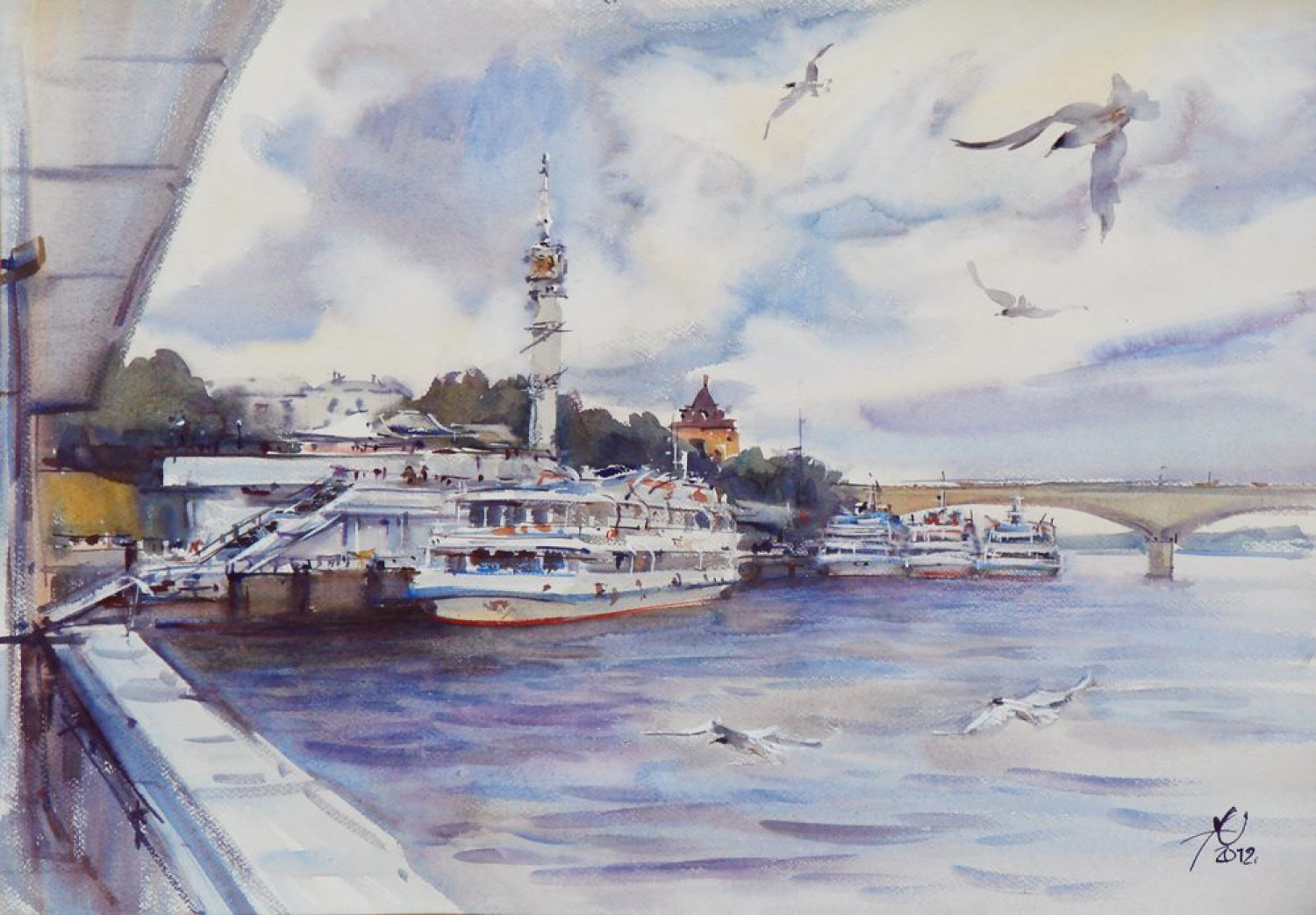 А.В. Овчинников. Речной вокзал. Ярославль. 2012. Бумага, акварель. 55х70 см.