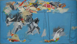 С.Н. Соколов. Эстафета 1990. Холст, масло, коллаж. 114 x 194. ЯХМ.